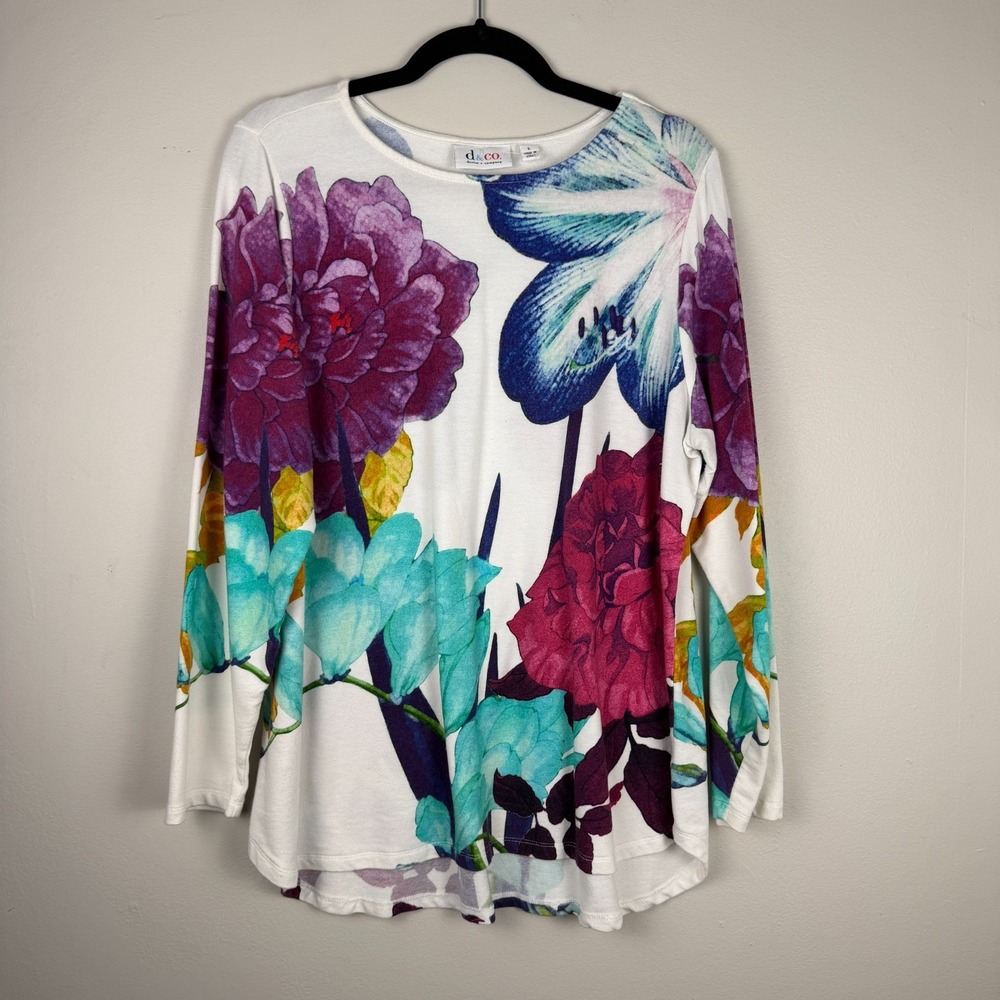 Denim & Co. Blouse Women's Large White Multi Floral Print Round Neck Pullover - Picture 5 of 11